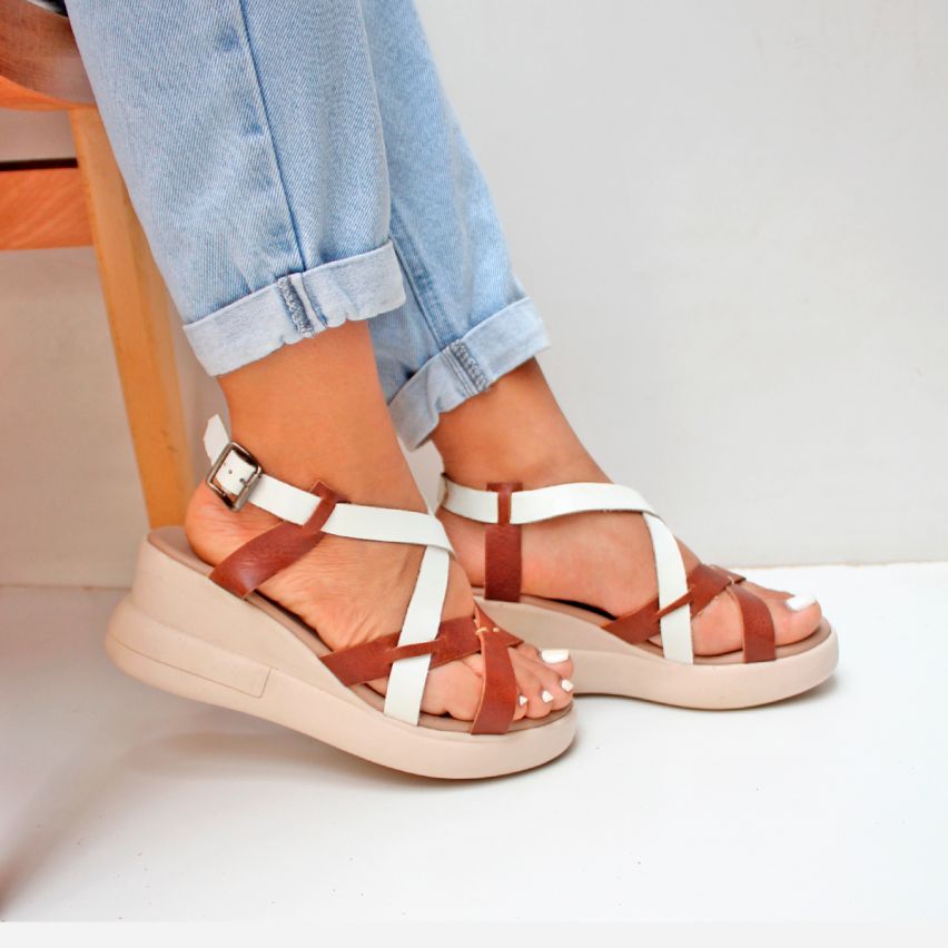 sandalia Puro Cuero 1155 Blanco/Marron - Stock