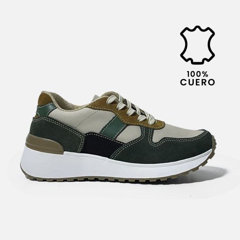 Zapatilla de Puro Cuero 785Hueso Verde