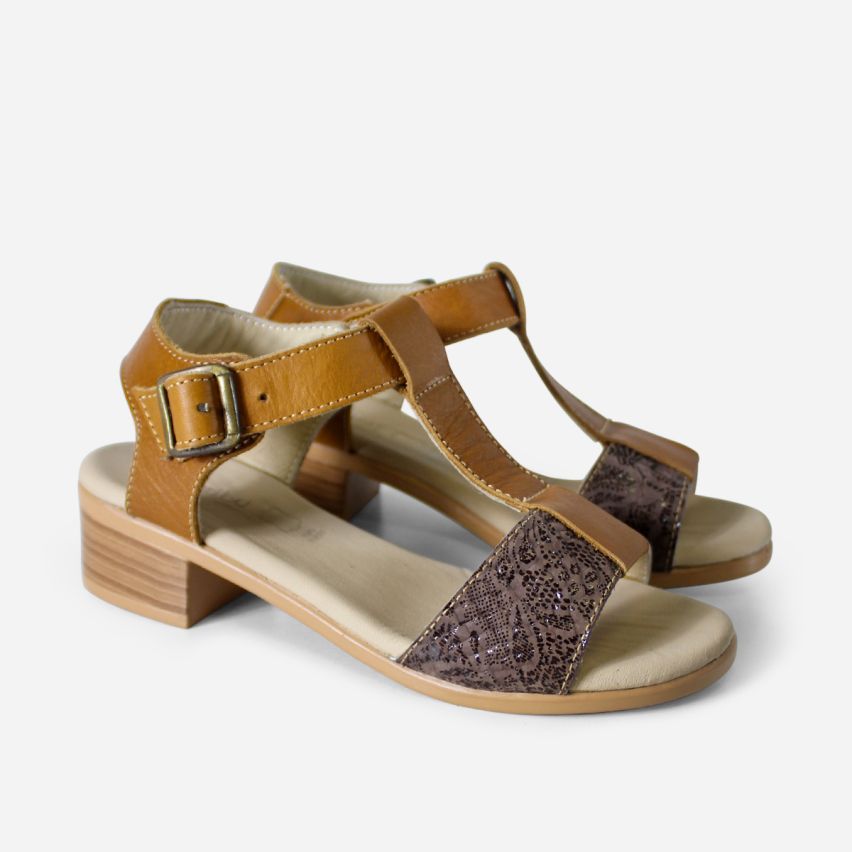 Sandalia Puro Cuero 1027 - Caramelo/Tex